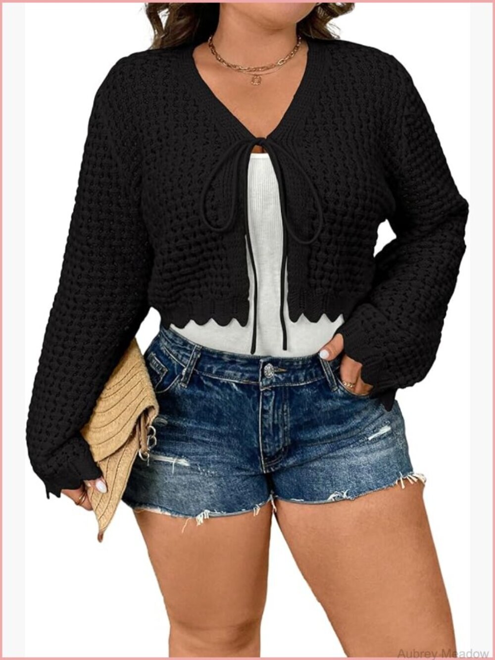Plus Size Tie Front Hollow Out Bell Long Sleeve Crop Knit Cardigan